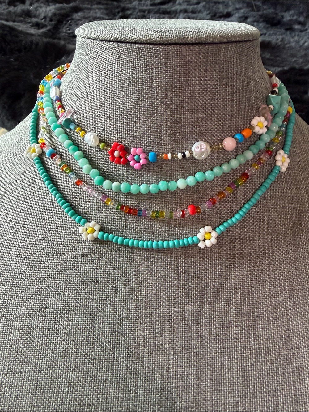 Handmade Multicolor Beaded Layered Necklaces with Turquoise Accents